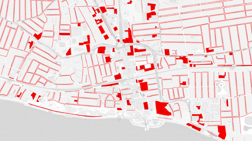 Image: A map showing the land dedicated to car parking in Southend central (shown in red).