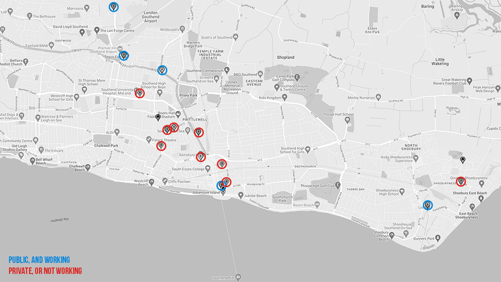 Map showing EV charging locations in Southend - public and working (in blue) and private/not working (in red.) Data ©ZapMap: