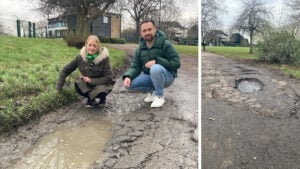 Potholes at Chalkwell Park, with Kay Mitchell and Cllr Stuart Allen